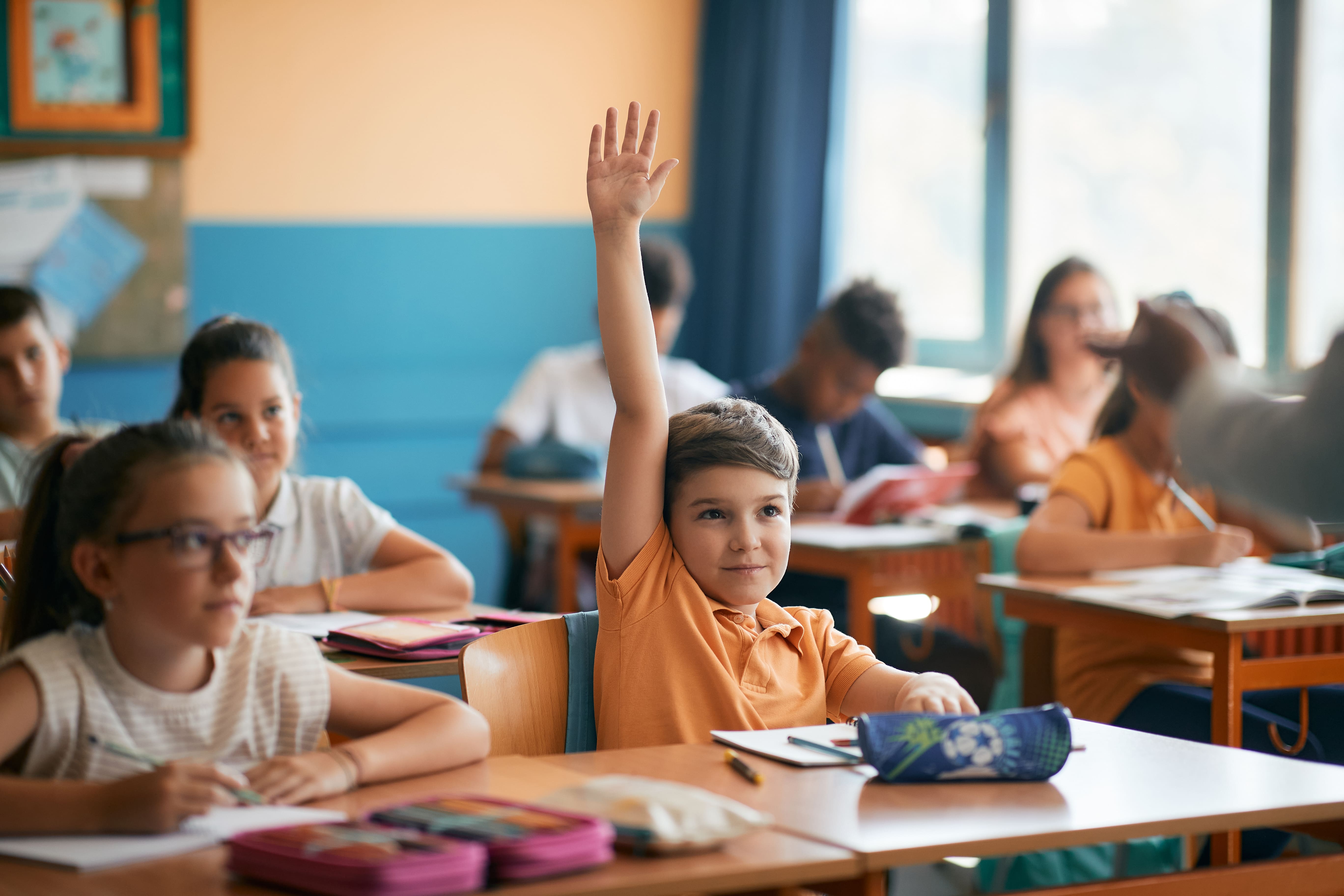 Child in classroom raising hand to answer a question.