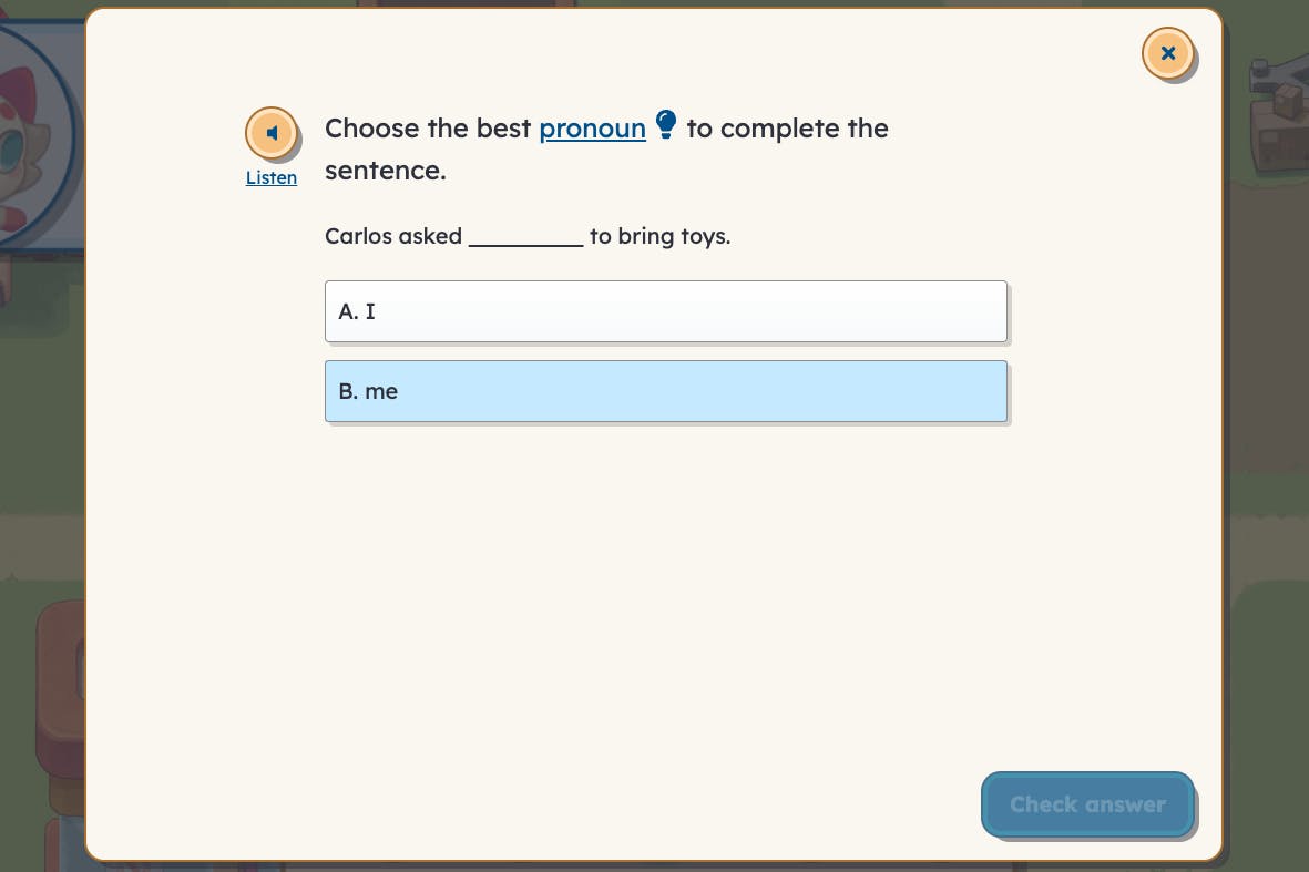 Screenshot of the Prodigy English grammar and vocabulary game