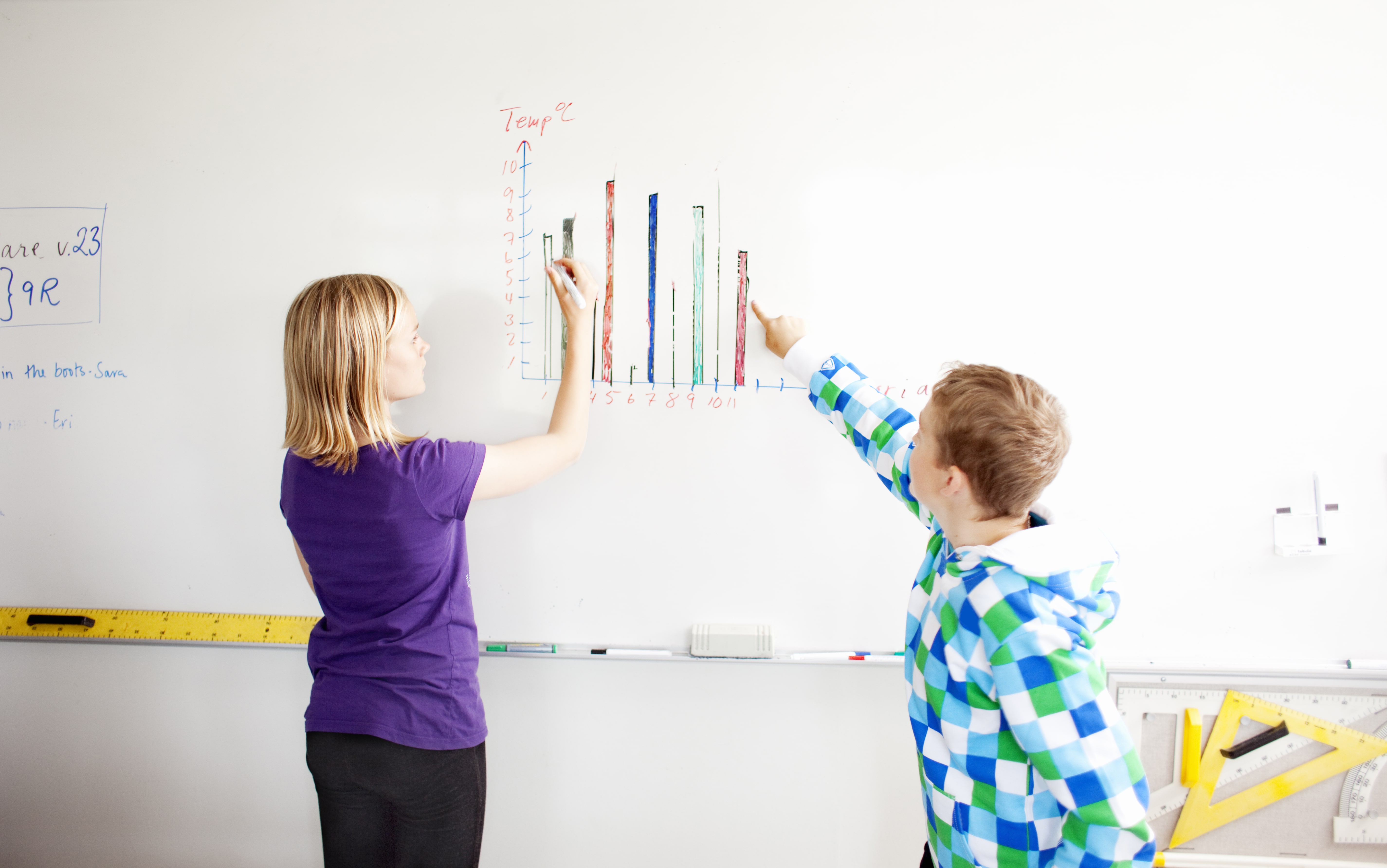 Boy and girl drawing chart on whiteboard in classroom