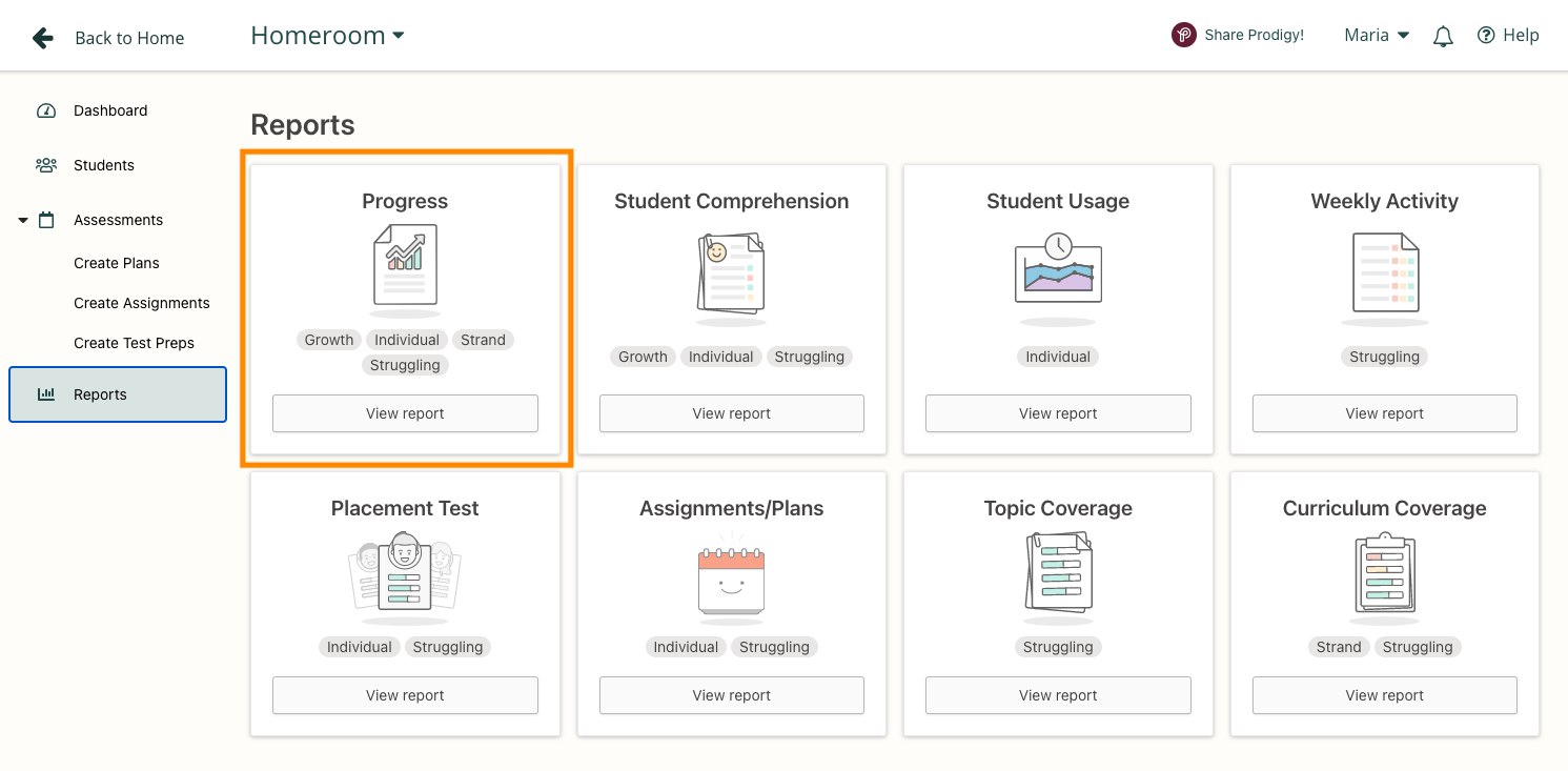 Screenshot of reports in Prodigy