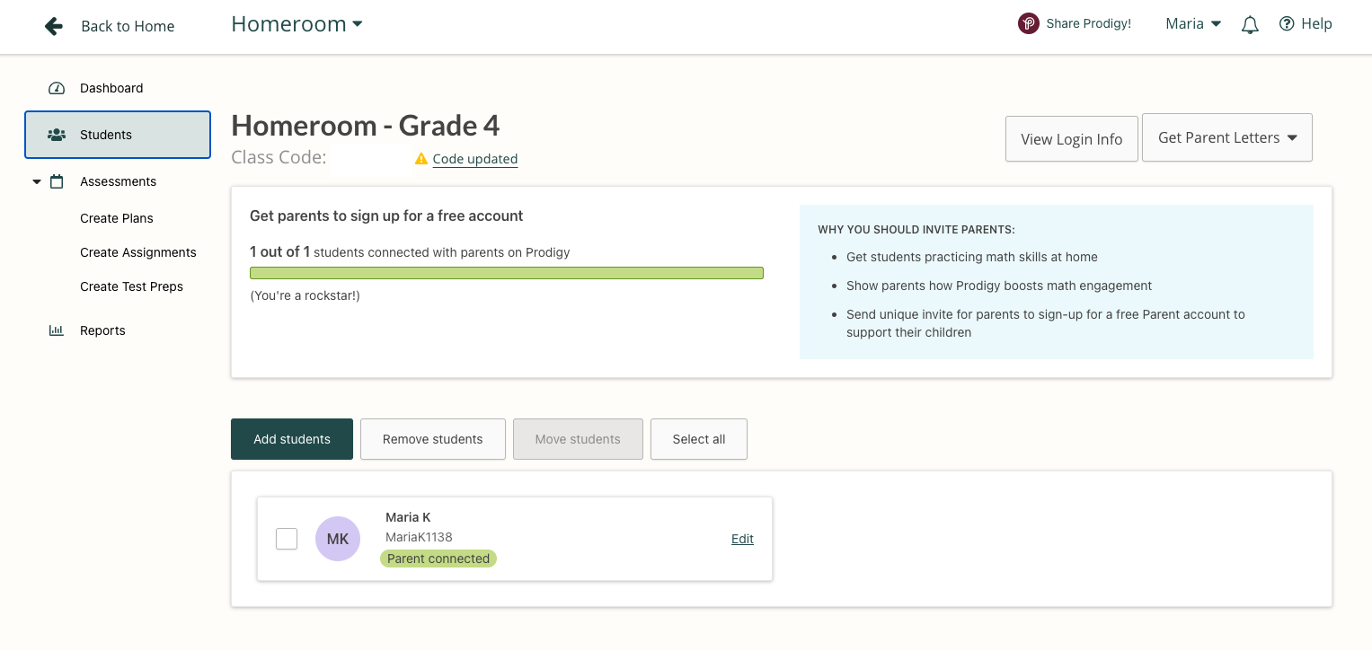 Screenshot of the students tab in the Prodigy teacher dashboard.