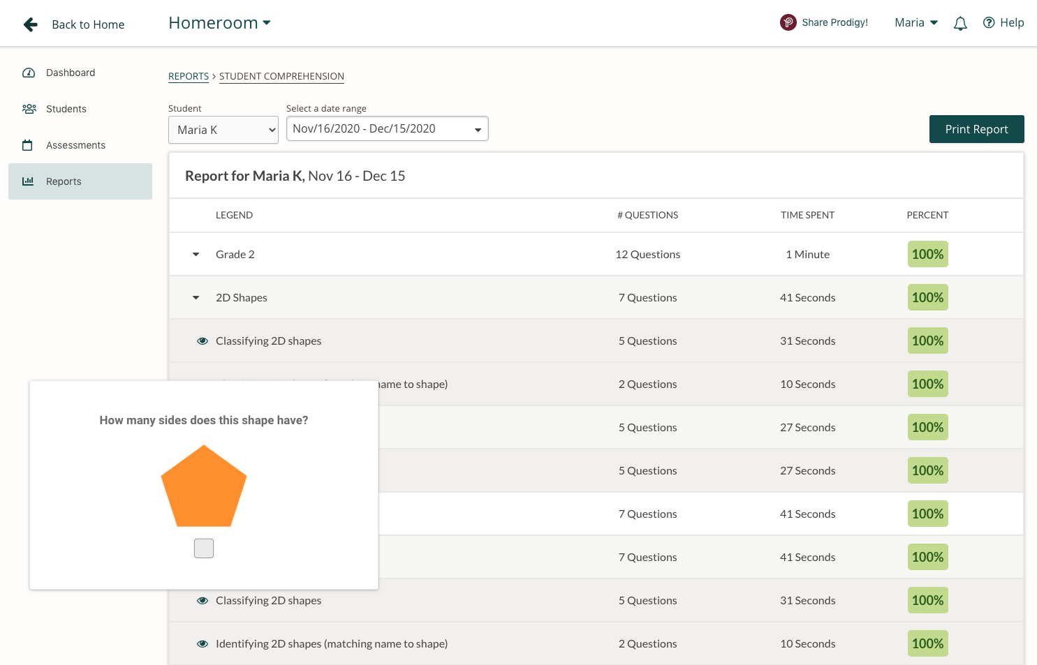 Screenshot of the Student Comprehension report in the Prodigy teacher dashboard.