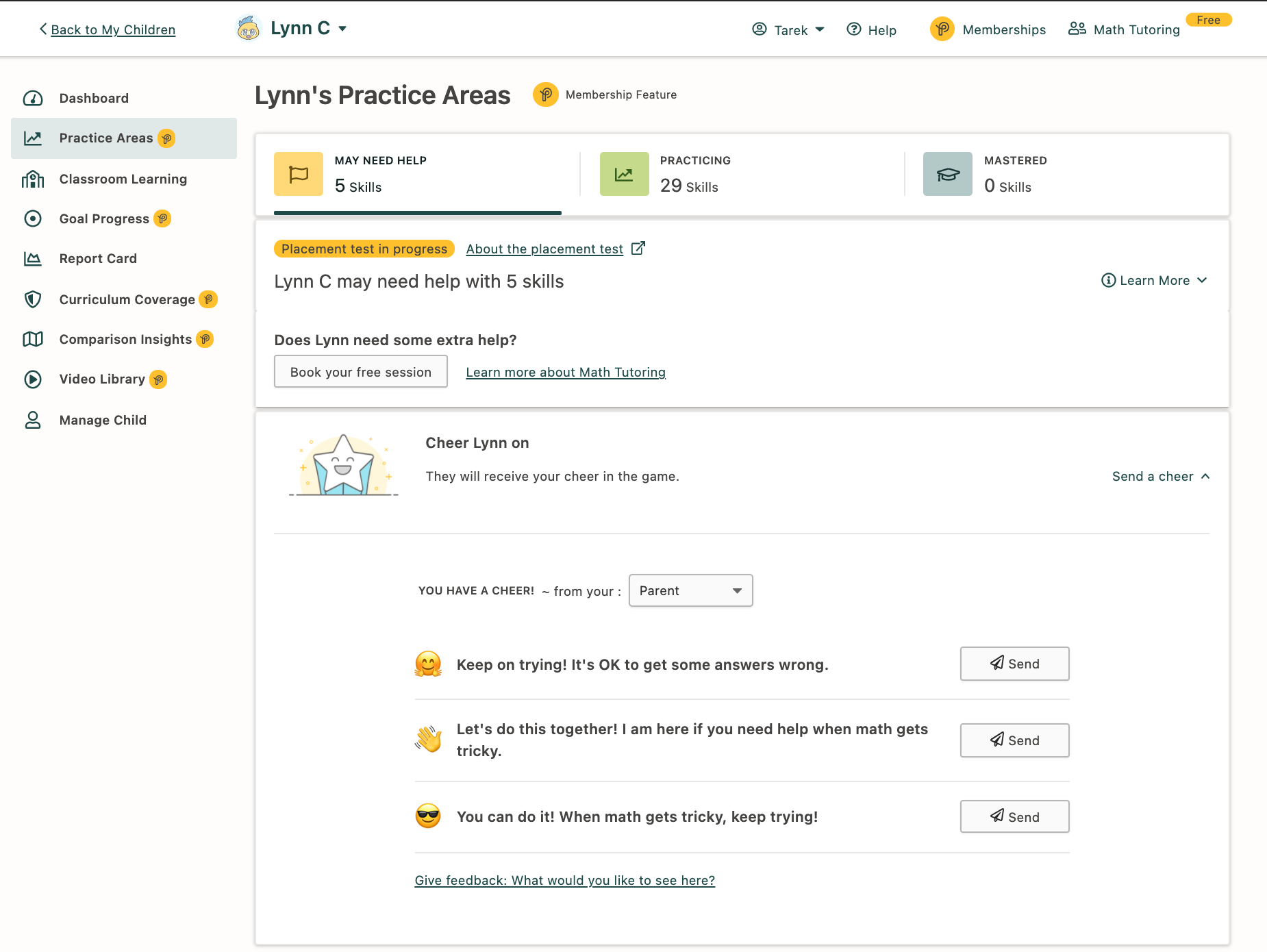 Cheer your child on with messages in Prodigy