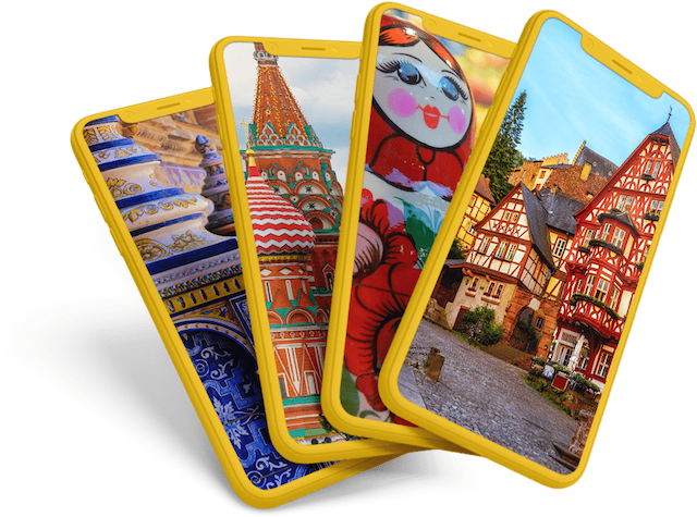 Rosetta Stone Homeschool image of various city scenes on mobile devices.