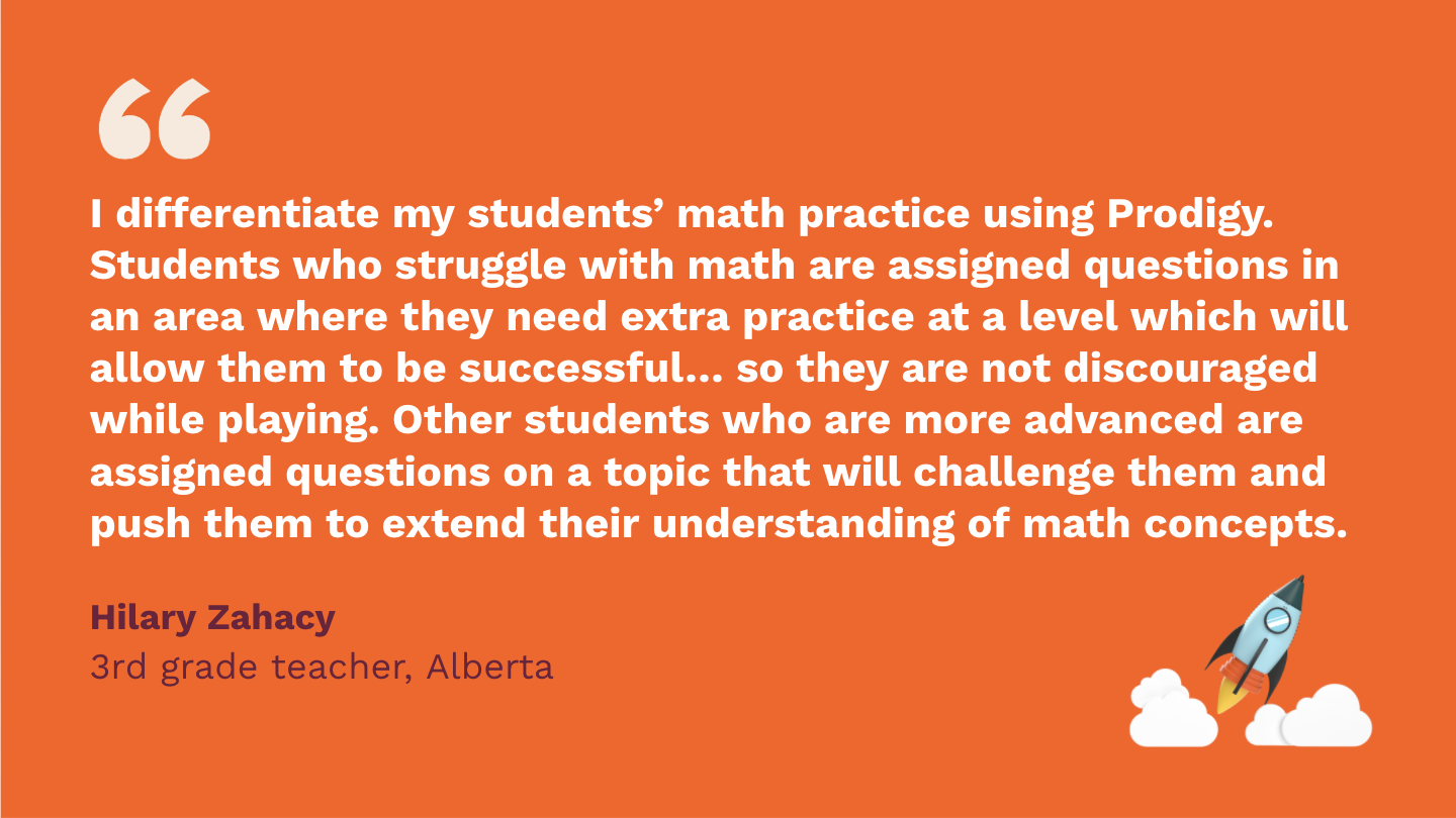 I differentiate my students’ math practice using Prodigy. Students who struggle with math are assigned questions in an area where they need extra practice at a level which will allow them to be successful in answering questions, so they are not discouraged while playing. Other students who are more advanced are assigned questions on a topic that will challenge them and push them to extend their understanding of math concepts. Hilary Zahacy, third Grade Teacher, Alberta.