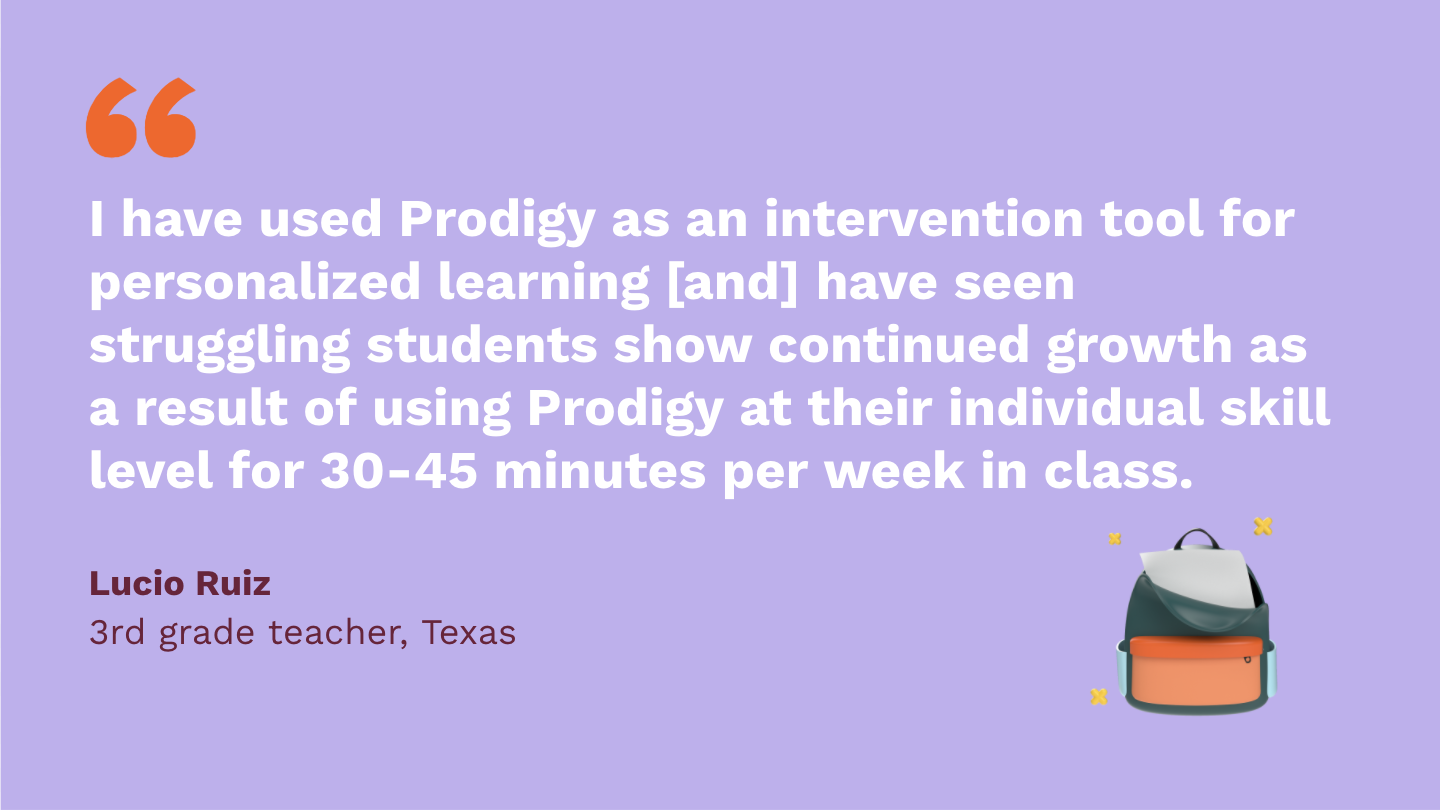 I have used Prodigy as an intervention tool for personalized learning [and] have seen struggling students show continued growth as a result of using Prodigy at their individual skill level for 30-45 minutes per week in class. Lucio Ruiz, third Grade Teacher, Texas.