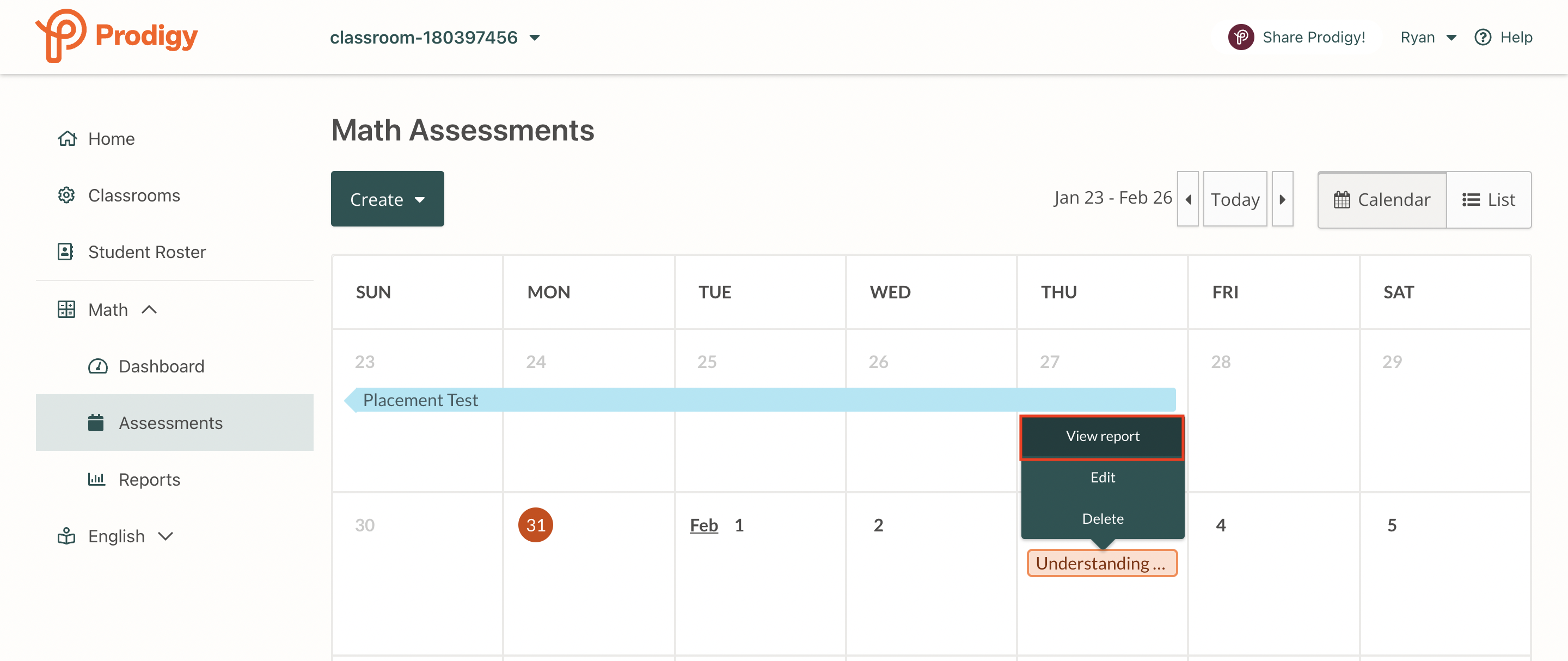 Screenshot of 'View Report' in Prodigy Math Game's Assessment tool.