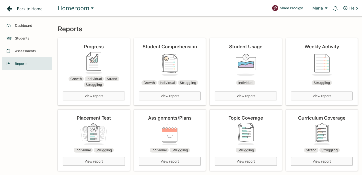 Screenshot of the eight reports available in the Prodigy teacher dashboard.